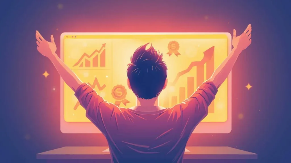 Persona celebrando sus metas alcanzadas frente a la computadora, reflejando motivación en home office.