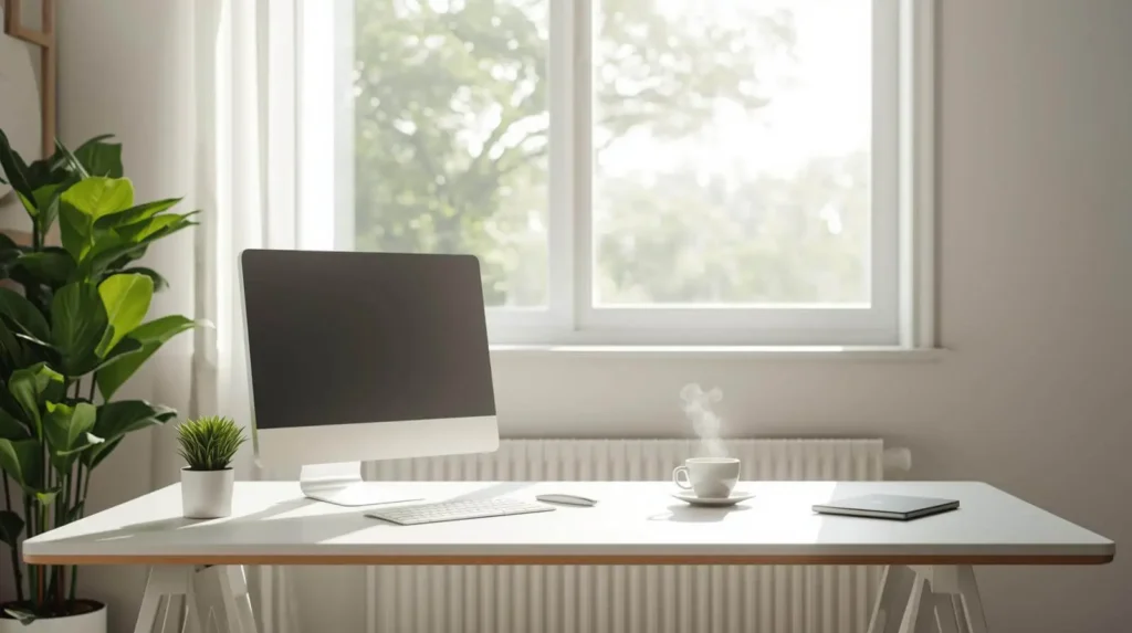Espacio de trabajo minimalista y ordenado que inspira motivación en home office.