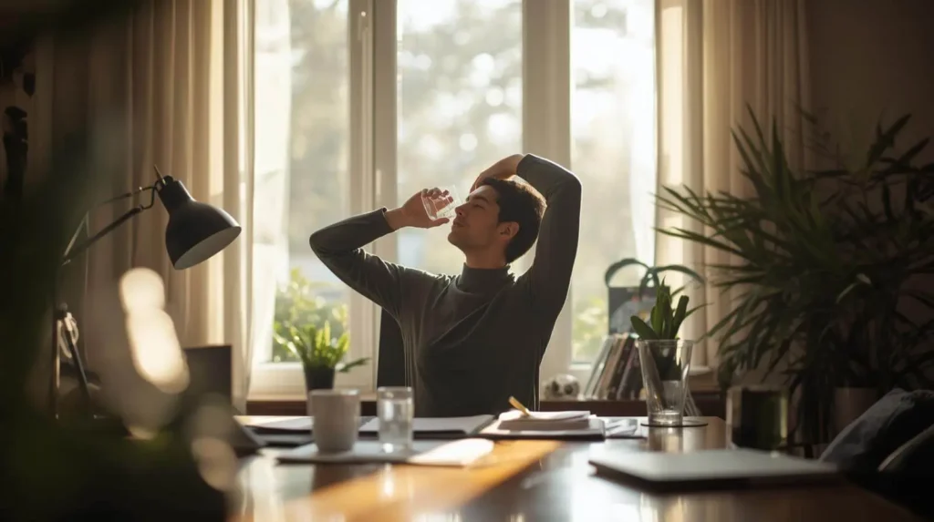 Trabajador remoto haciendo pausas y estiramientos para cuidar su salud y motivación en home office.