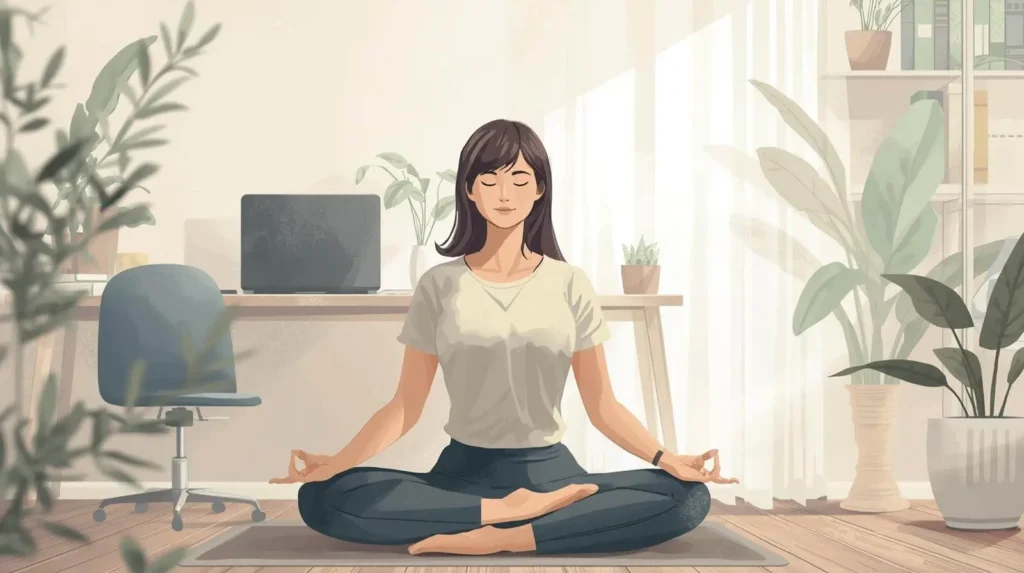 Persona haciendo ejercicio y meditación en casa para equilibrar vida personal y laboral durante home office.