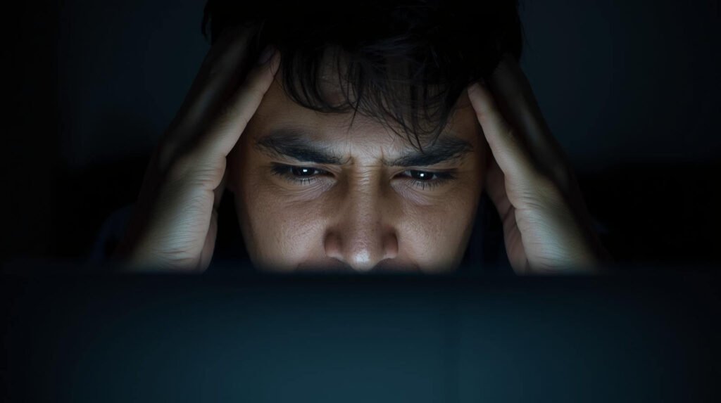 Persona frotándose la cabeza frente a la computadora por fatiga visual