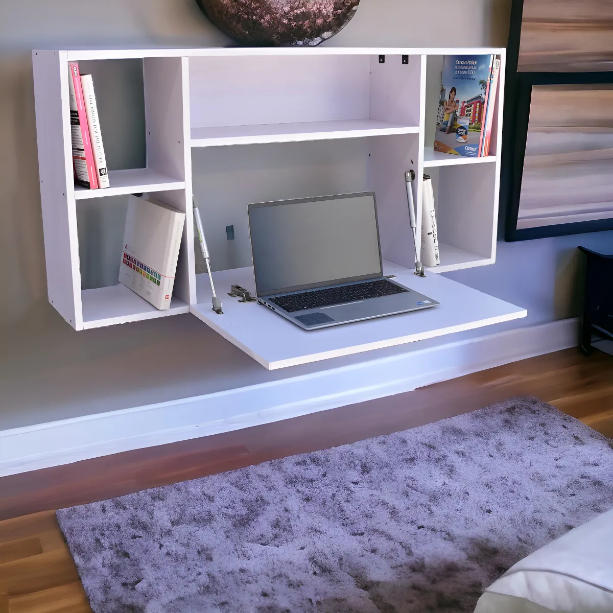 Escritorio de pared abatible Hogare color blanco, ideal para espacios pequeños, plegable y funcional para home office