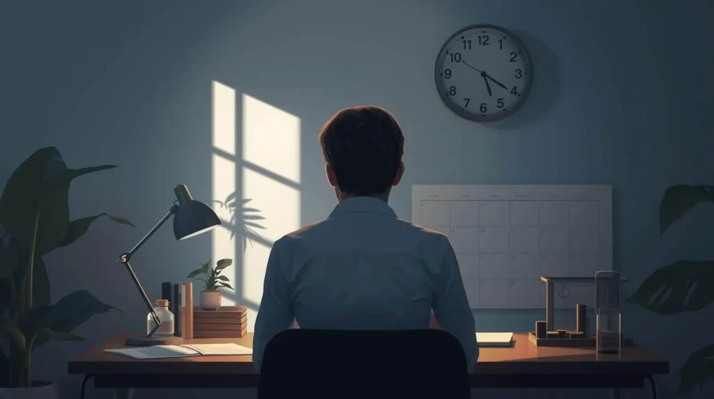 Persona en home office mirando el reloj para mantener horarios claros y motivación constante.