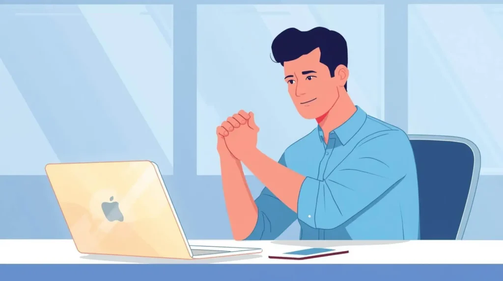 Persona estirando una muñeca con la otra mano frente al escritorio.