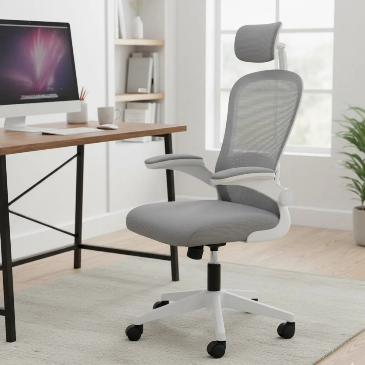 Silla de oficina para home office Hosu B1 blanca con respaldo de malla ergonómica y reclinable