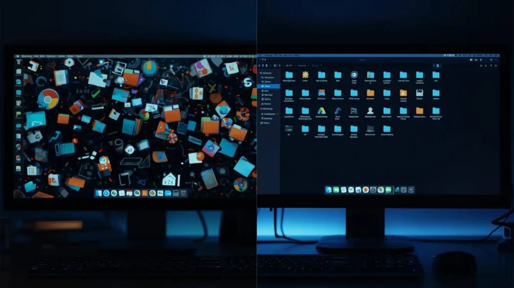 Ejemplo de organización digital eficiente en home office.