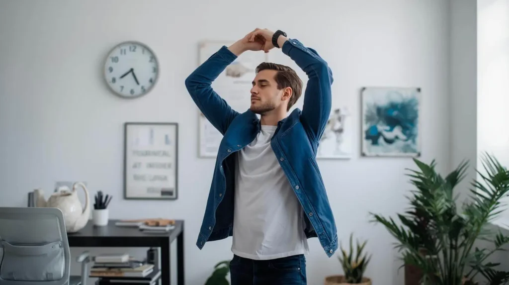 Persona tomando un descanso en home office para mantener equilibrio entre trabajo y vida personal.