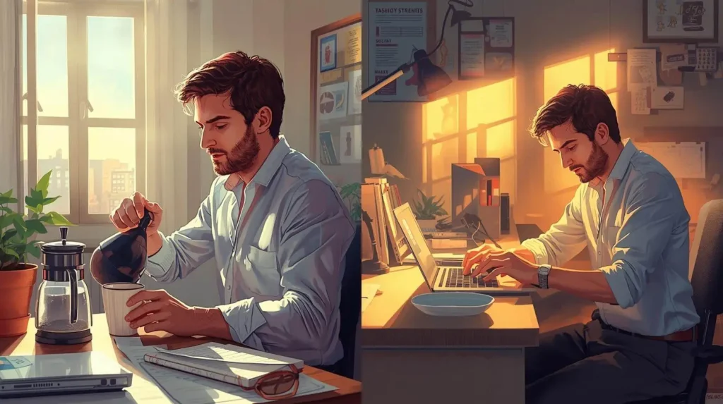 Persona iniciando y cerrando la jornada laboral en home office, mostrando rutina de equilibrio trabajo y vida personal.