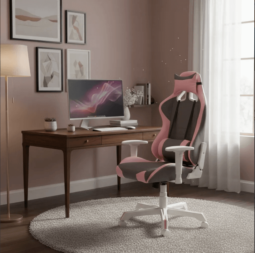 Silla gamer para home office rosa Audiotek ergonómica con reposapiés y soporte lumbar
