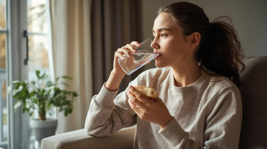 tomando agua y snack saludable durante microdescanso para mejorar la concentración