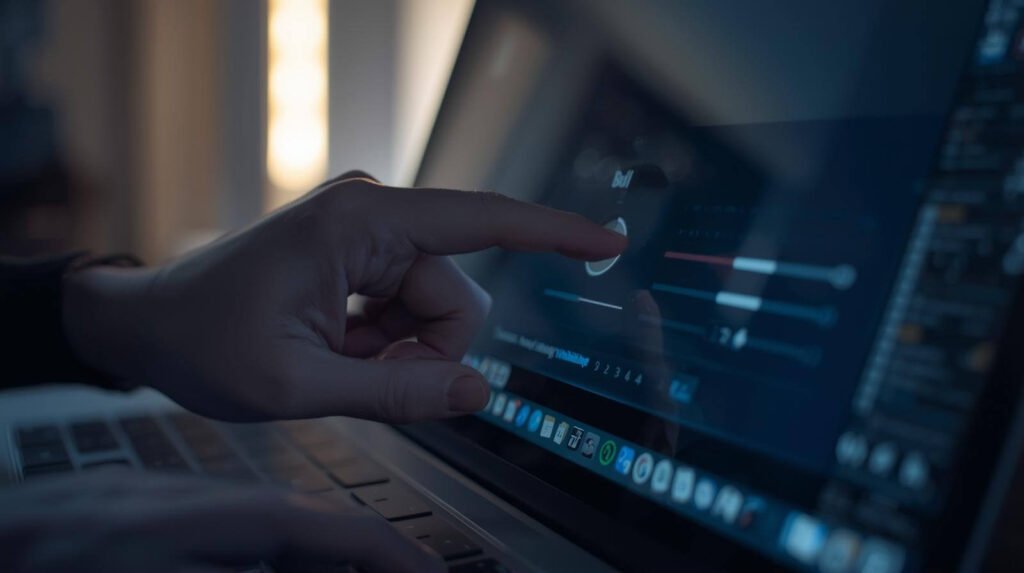 Mano ajustando el brillo de la pantalla de una laptop para mejorar la iluminación