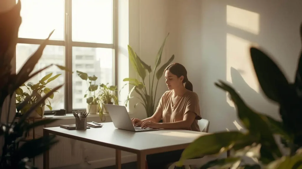 Persona trabajando con iluminación natural junto a una ventana, aprovechando la luz del sol para mayor productividad.