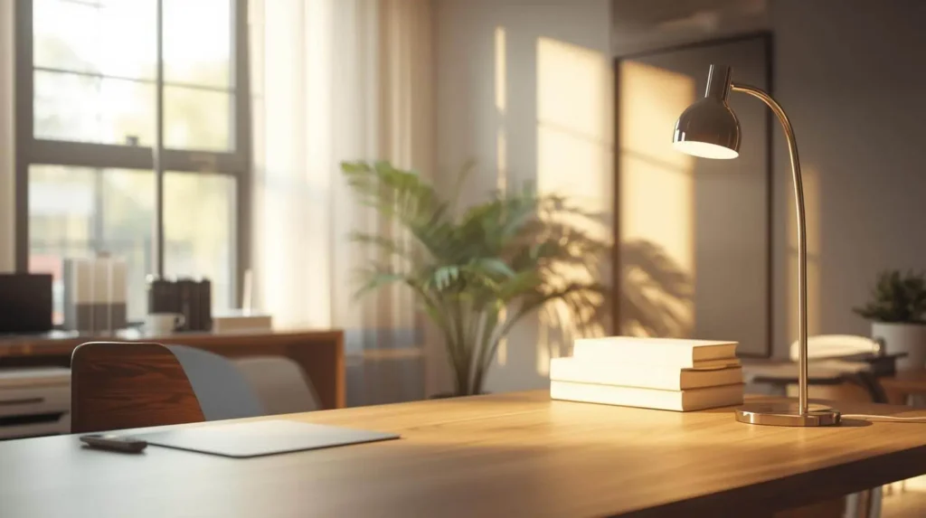 Espacio de trabajo equilibrado con iluminación natural y artificial combinadas para un ambiente cómodo y eficiente.