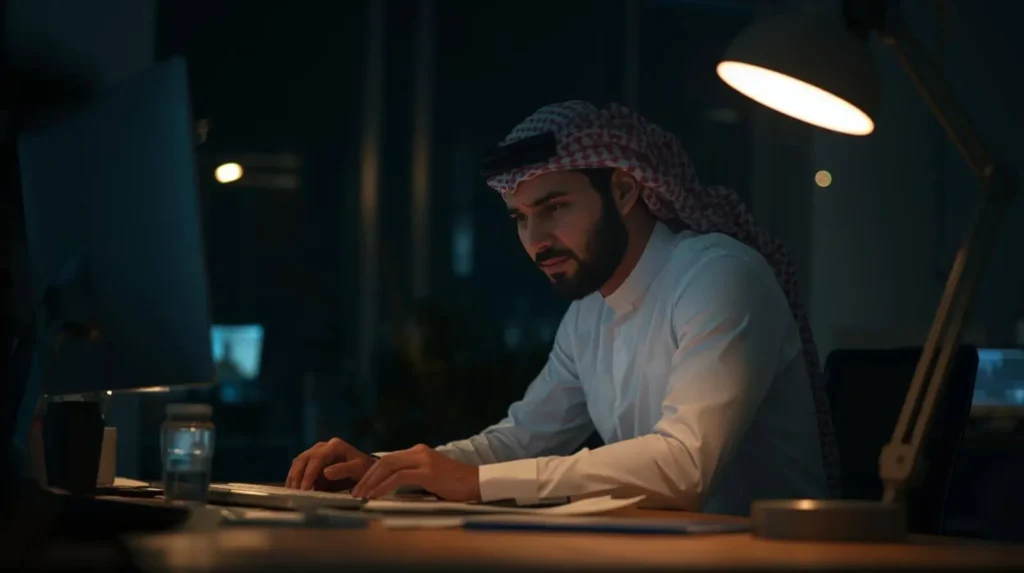 Oficina moderna iluminada con luz artificial LED blanca neutra durante la noche, ideal para concentrarse al trabajar.